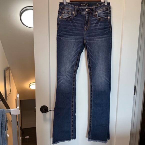 Miss Me Heaven Bootcut Jeans Raw Cutoff Hem Mid Rise Embellished 28x34 - Picture 1 of 8